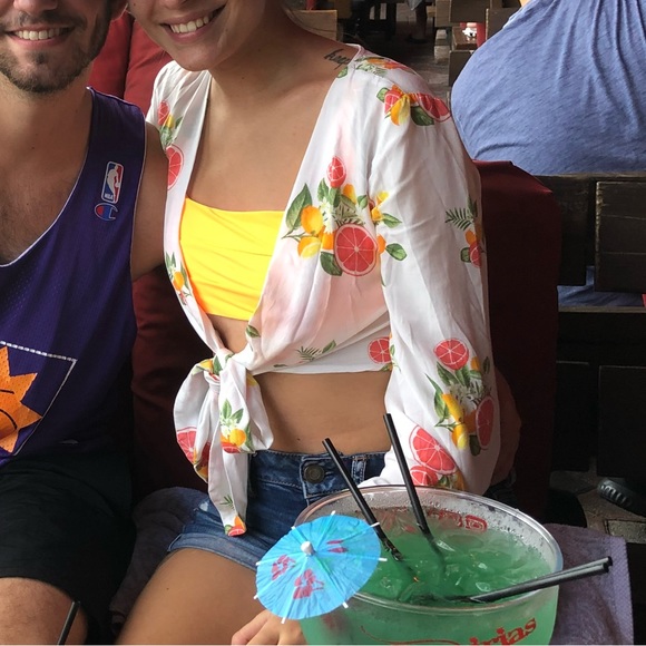 Flower Long Sleeve Front Tie Light Cover Up or Crop Top - Picture 2 of 6